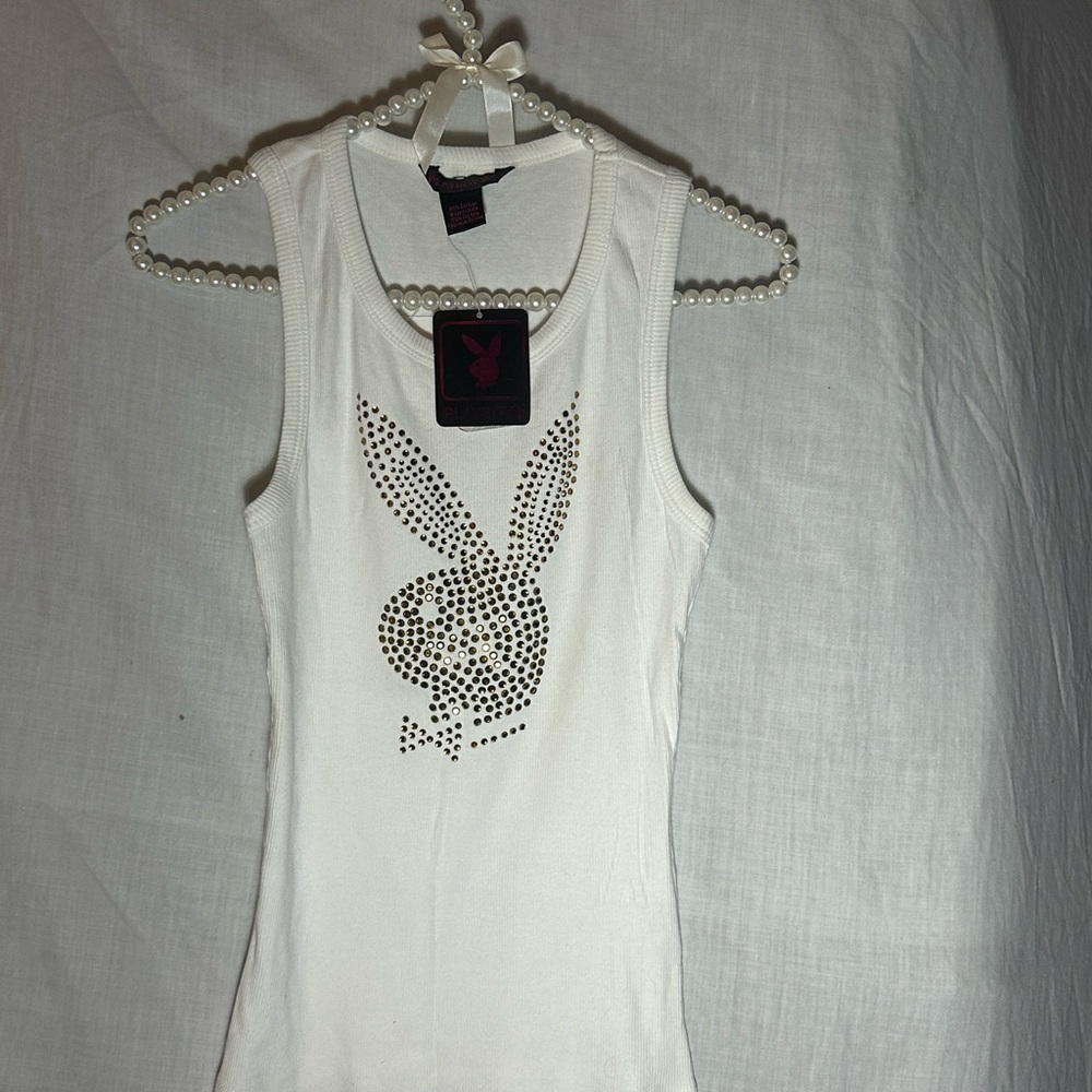 Women’s Gold BLINGED Playboy Ribbed White Tank Length 23” Chest 12” MAKE OFFER